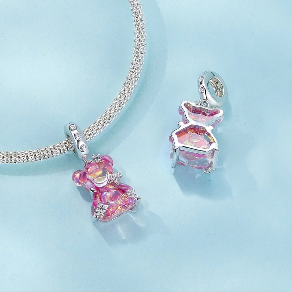 Silver and Pink Bear Pendant Necklace
